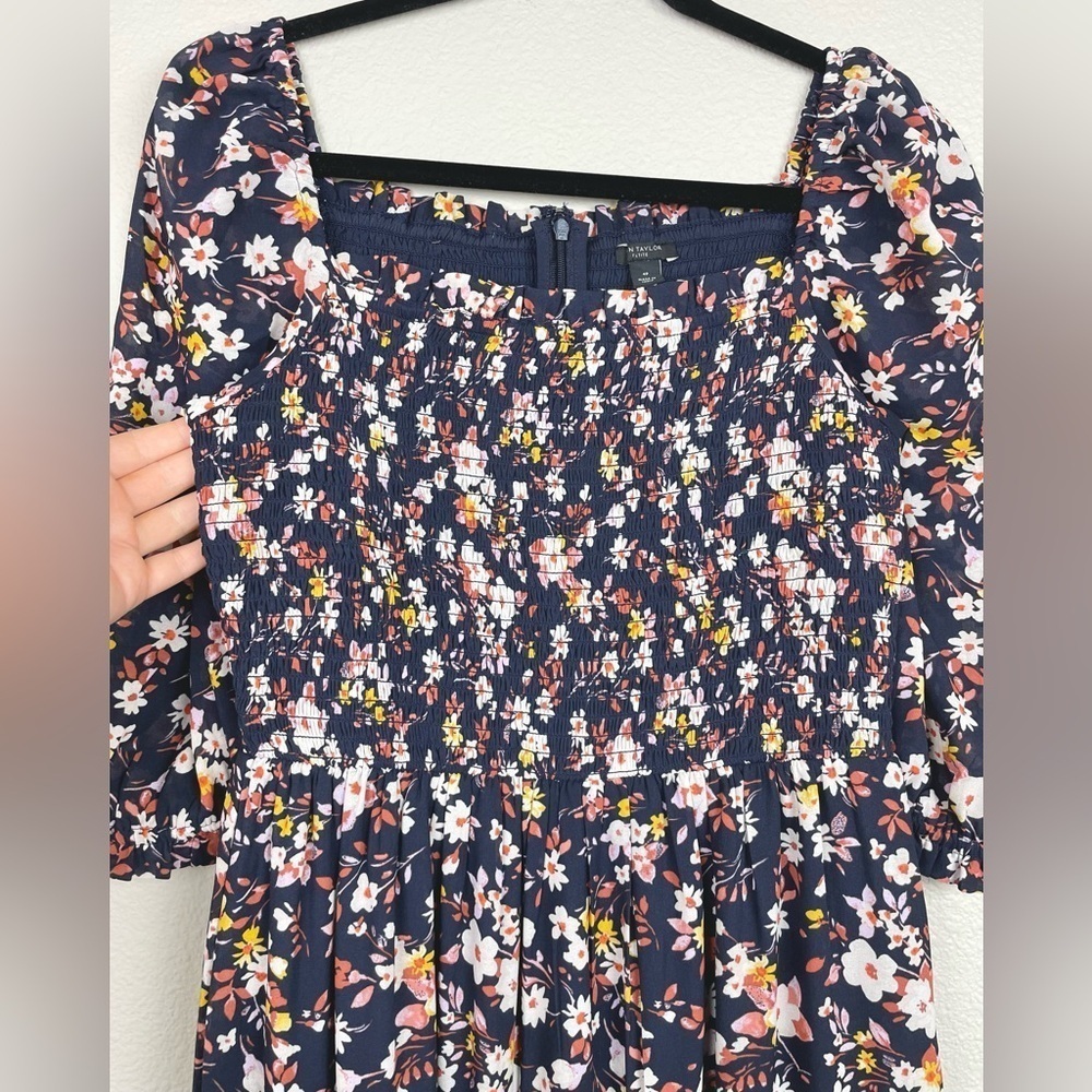 Ann Taylor Women's 4 PETITE Floral Smocked Maxi Dress Puff Sleeve Tiered Ruffle - Picture 7 of 16